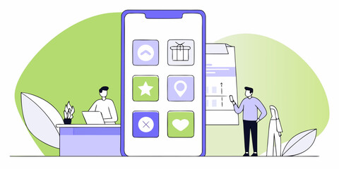 Mobile App Development Interface Design UI UX with Icons, Project Management, Task Management, Software Development Illustration Featuring Team Collaboration