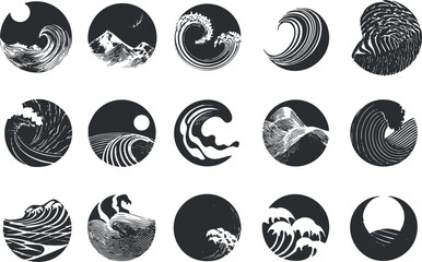 Wall Mural - Collection of abstract wave designs in black and white circular patterns, showcasing ocean themes.