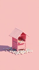 Wall Mural - Pink miniature house with white stones on pink background.