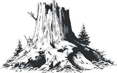 Black and white illustration of an old tree stump with detailed texture and roots.