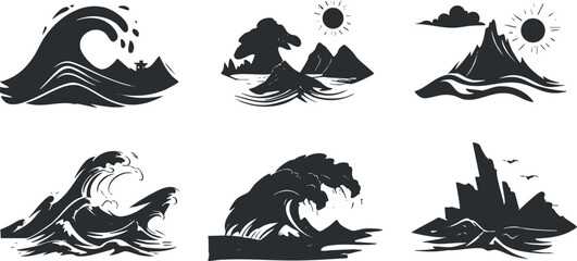 Wall Mural - Collection of black and white wave illustrations depicting various ocean and coastal scenes.
