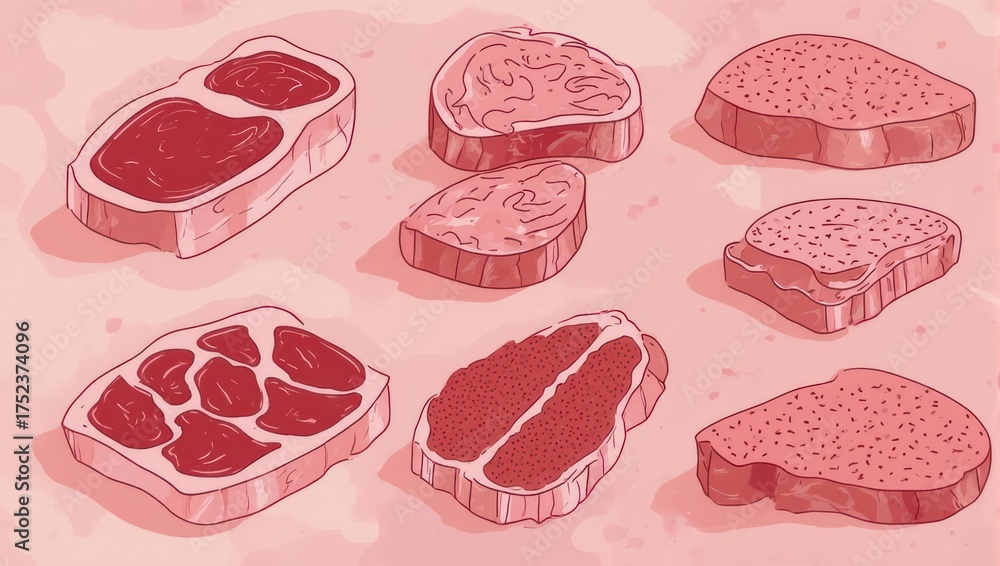 Pink Meat Cut Vector illustration of different cuts of raw meat with pink hues ...