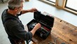 © Ksenia - dad opening toolbox to repair on workshop table, calm task mood, neat top-down hardware view