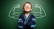 © Hyper Creative - Confident young boy with glasses standing in front of chalkboard with drawn muscles, dreaming big and believing in himself, ready to face any challenge