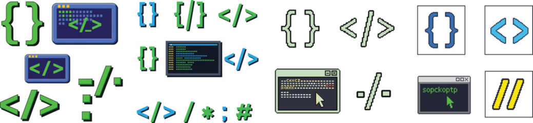 Retro Pixel Art Programming Terminal and Bracket Icons Set 2	Pixel Art, Programming, Terminal, Coding, Brackets, Curly Braces, HTML Tag, Command Window, Retro Style