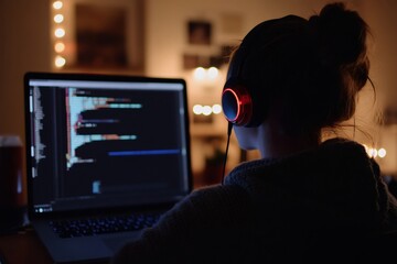 Woman focusing on programming code on a laptop screen, wearing headphones in a dim room. Concept of remote work and development