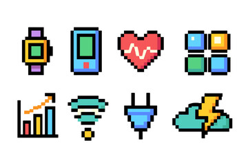 Wall Mural - Pixel art icon set. technology, health, data, energy icons in colorful pixel art style