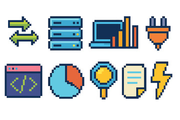 Wall Mural - Pixel technology icon set. colorful, retro, 8-bit computer icons collection