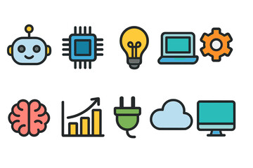 Wall Mural - Technology and innovation icon set. computer, robotics, ai icons flat collection
