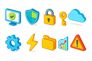 Wall Mural - Security and technology icon set. 3d protection and cloud computing icons collection