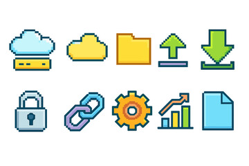 Wall Mural - Pixelated office flat icon set. cloud, file, security symbols in pixel style