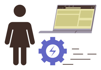 Wall Mural - Woman silhouette beside a laptop, a gear with a lightning bolt, and abstract programming lines. Ideal for tech innovation, gender equality, coding, IT education, diversity, empowerment simple flat
