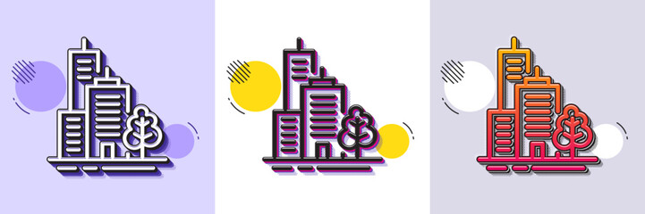 Wall Mural - Skyscraper buildings line icon. Halftone dotted pattern. Gradient icon with grain shadow. City architecture with tree sign. Town symbol. Line skyscraper buildings icon. Various designs. Vector