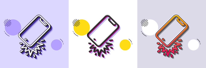 Wall Mural - Smartphone falling line icon. Halftone dotted pattern. Gradient icon with grain shadow. Phone crash sign. Mobile device fall symbol. Line smartphone broken icon. Various designs. Vector
