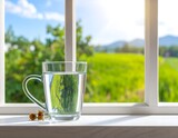 Glass of water, window view