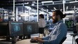 © DC Studio - Smiling data center technician using PC to monitor neural network AI LLM visualization. Server room worker using computer to oversee rigs powering machine learning processes, camera A