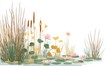 © Shelley - A vibrant flat illustration of pond plants featuring green lilies, pink pads, yellow cattails, and brown reeds, set against a clean white background, creating a serene nature scene.