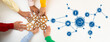 © InfiniteFlow - A group of diverse hands work together to connect wooden gears on one side while a digital network symbolizes teamwork and innovation on the other side, showcasing collaboration in action. Amity