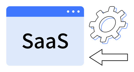 Browser window labeled SaaS with gear and arrow icon symbolizing software, cloud systems, automation, and integrations. Ideal for business, technology, innovation, efficiency, development cloud