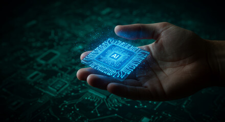 Experience the future with AI technology, a hand holds a glowing microchip highlighting innovation now