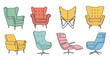© Kulo - Eight different colorful stylized armchair illustrations are arranged in two rows on a white background, showcasing various modern furniture designs.