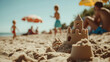 © bulegendut - A shallow depth of field photograph capturing a sandcastle on the beach, with blurred figures in the background