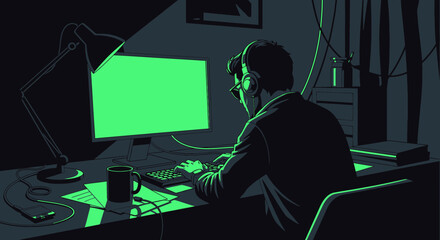 Nocturnal coder engrossed in digital world illuminated by a vibrant green monitor