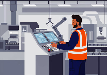 A man in a safety vest operates a control panel with screens and buttons in a factory setting with robotic arms and machinery.