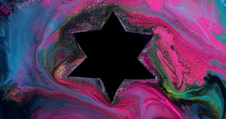Wall Mural - Ink star spill. Geometric abstraction. Defocused pink blue yellow colorful texture glitter bubble fluid dark black liquid on bokeh art background.
