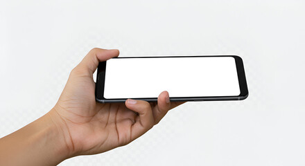 Hand holding smartphone with blank white screen, ready for application display