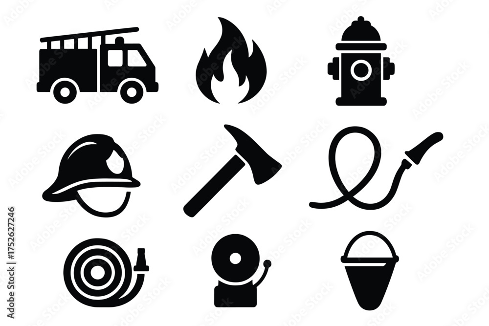 Vector de Stock Firefighter equipment icon set. Fire department and ...