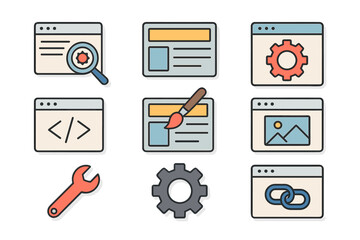 Flat web design & development icon set. Vector pictograms for page optimization, SEO, UI design, coding, programming, layout, settings, linking. Website & app interface elements.