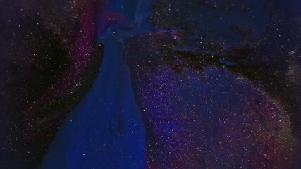 Wall Mural - Paint blend. Blur wet marble. Defocused blue purple golden color texture liquid shimmer floating on abstract dark black background.