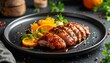 © DANANG - Gourmet roasted duck breast sliced and served with fresh oranges and herbs on a black plate.
