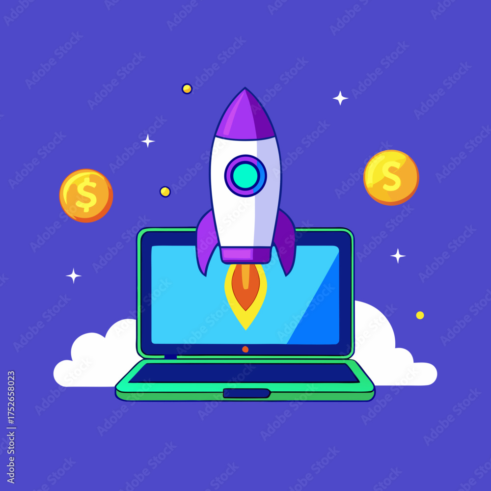 Rocket launching from laptop with coins for business success Stock ...