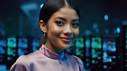 Smiling woman in a futuristic technology environment, exuding confidence and sophistication