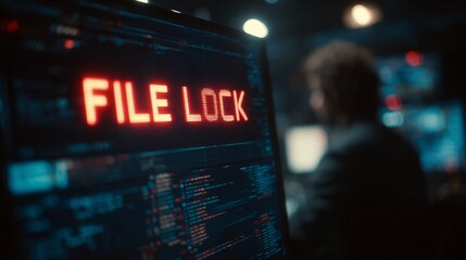 A computer screen displaying 'FILE LOCK' in bold red letters, depicting a cybersecurity theme in a dimly lit control room.