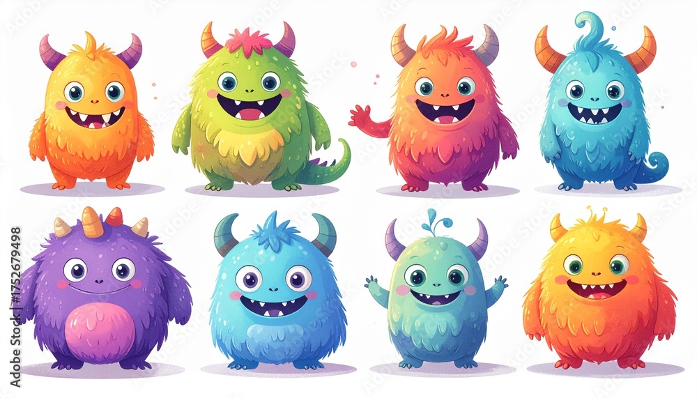 Set of cute happy monster on white background Stock Photo | Adobe Stock