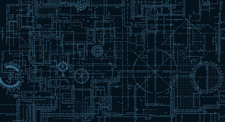 Dark blue blueprint background with complex mechanical details, gears, and architectural outlines. Concept for engineering projects, architectural designs, and technical presentations
