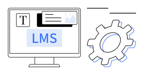 Computer screen with LMS text, image, text block icons, and cogwheel. Ideal for education, training, e-learning, content creation system setup IT solutions platform management. Simple flat