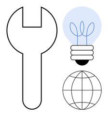 Wall Mural - Wrench, glowing blue light bulb with plant-shaped filament, and globe. Ideal for innovation, technology, sustainability, global impact, engineering business strategy creativity. Simple flat