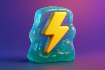 Wall Mural - Glossy yellow lightning bolt encased in translucent blue form on colorful gradient background, symbolizing energy and power concept. Ai generative