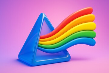 Wall Mural - Abstract blue triangle shape emitting colorful rainbow light beams on a pink gradient background in a playful surreal style. Ai generative