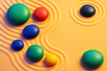 Wall Mural - Abstract colorful spheres on textured yellow surface with circular light waves creating a playful and artistic background composition. Ai generative