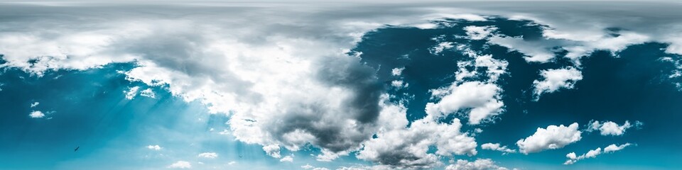 Wall Mural - Blue summer sky panorama with Cumulus clouds. Seamless hdr spherical 360 panorama. Zenith or sky dome in 3D visualization, sky replacement for aerial drone 360 panoramas. Weather and climate change