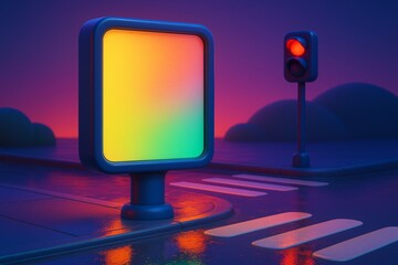 Wall Mural - Colorful blank billboard mockup at crosswalk with red traffic light in stylized night cityscape scene with glowing background and smooth design. Ai generative