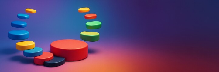 Wall Mural - Colorful round 3D shapes in circular formation with glowing gradient background and empty copy space on right side for creative design concepts. Ai generative
