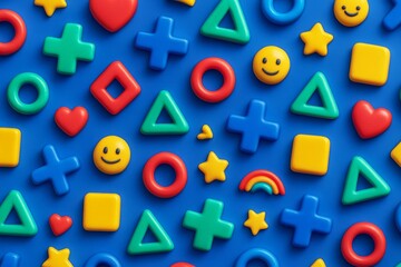 Wall Mural - Colorful abstract geometric shapes and icons including hearts, stars, and smiley faces on vibrant blue background in playful light style. Ai generative