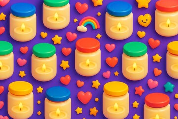 Wall Mural - Colorful candles and cute 3D hearts with stars on a vibrant purple background, symbolizing warmth, joy, and a bright light of love concept. Ai generative