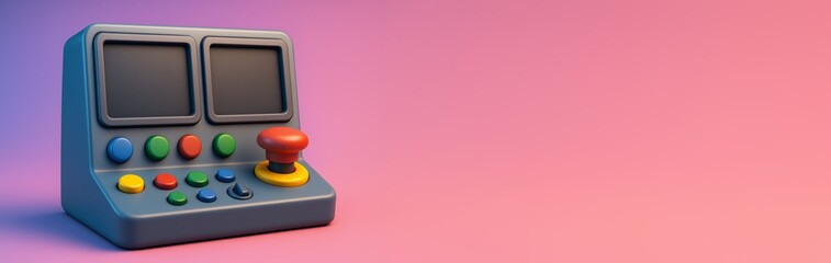 Wall Mural - Retro arcade gaming console with colorful buttons and joystick on gradient background with empty space for banner or poster design template mockup. Ai generative
